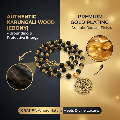 Image of Gratify Original Karungali Mala 54 Beads (7mm) for Men & Women | Authentic Black Ebony Wood Mala with Gold Plated Metal Caps | Spiritual Necklace for Meditation, Prayer, Energy Balance & Positive Vibes