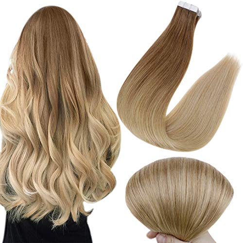 Full Shine Tape in Hair Extensions Human Hair 24 Inch Long Hair Color 10 Fading to 14 Dark Blonde 20Pcs 50gram Glue Seamless Skin Weft Tape Hair Extensions