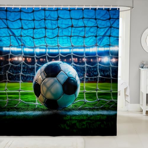 Image of Feelyou Football Shower Curtain for Stalls Bathtubs Sports Theme Bathroom Shower Curtain Set Soccer Ball Bath Curtain Room Decor Competitive Games Waterproof Bathroom Curtains 72x84 Inch