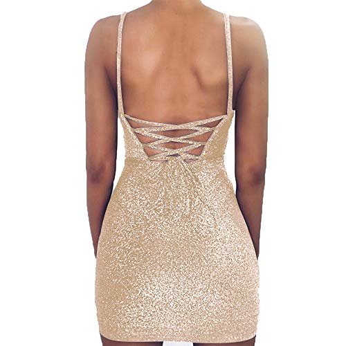 Image of VANCOL Women's Sexy Glitter Spagetti Straps Lace Up Back Bandage Bodycon Mini Club Party Dress