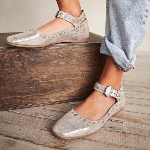 Agodor Ballet Flats for Women Stud Mary Jane Shoes Women Flats Square Toe Buckle Ankle Strap Comfy Bling Metallic Ballerina Dress Shoes3