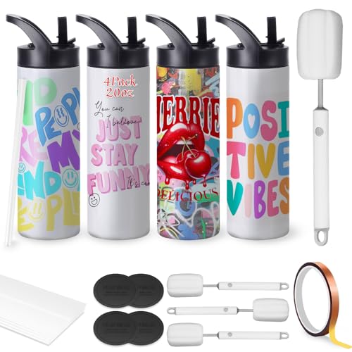 Ensemble de tasse de sublimation de 20 oz pour machine de presse à chaleur de tasse, Cafultgo 4-Pack avec couvercle et paille, double paroi isolée, idéale pour les...
