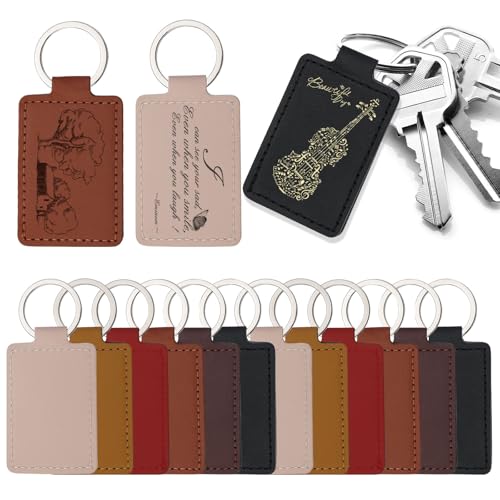 Tikjiua 15 Pcs PU Leather Keychain, 6 Colors Rectangular Leather Key Fob Kit, Laser Engraving Key Fob for Stamping Craft, Leather Keychain Blanks Making