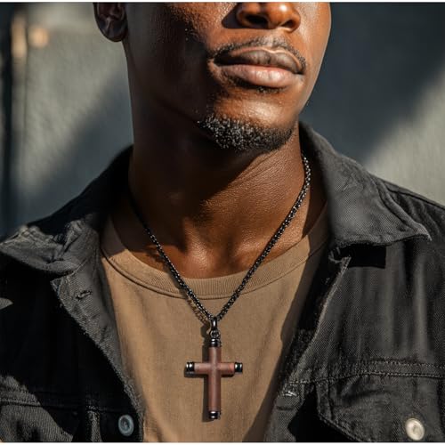 Wooden Cross Necklace for Men, Real Handmade Ebony Cross Pendants, Black Mens Cross Necklaces Christian Baptism Crucifix Pendant for Men, 24 Inch Stainless Steel Box Chain4