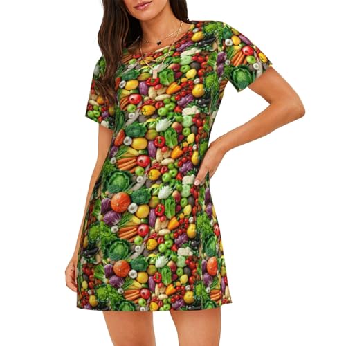 Chemise de nuit à manches courtes pour femme en coton léger à motif fruits