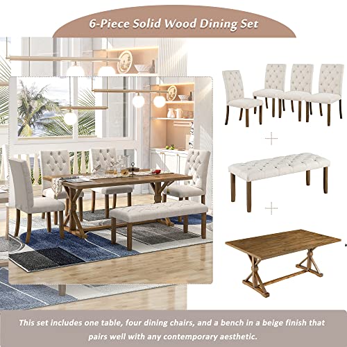 Knocbel Farmhouse Rectangular Dining Table Bench And Chairs, 6-Piece Kitchen Dining Room Table Set With Upholstered Button Tufted Chairs & Bench, Standard Height (Walnut And Beige) #TOP5