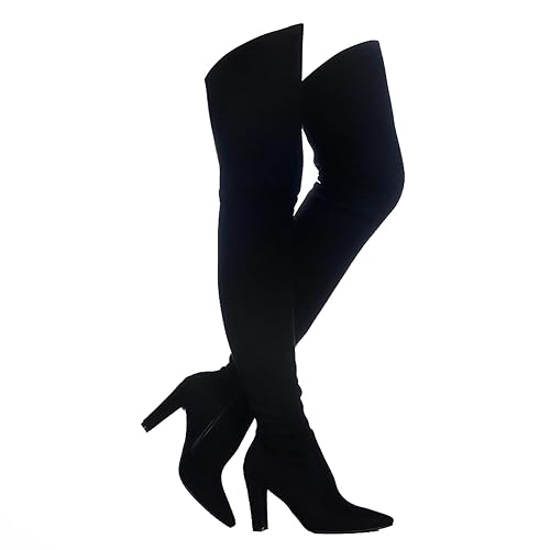 Shoe'N Tale Women Stretch Suede Chunky Heel Over The Knee Boots Thigh High for Women - 10 - Suede Black