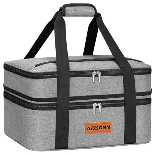 ASXSONN Double Decker Insulated Casserole Carrier for Hot or Cold Food, Expandable Insulated Food Carrier for Parties, Picnic, Beach, Fits 9"x13" Baking Dish (Grey)