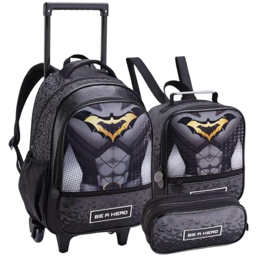 Conjunto Escolar Infantil com Mochila de Rodinhas, Lancheira Térmica e Estojo, Tema Herói, 3 Peças, Material Reforçado, Compartimentos Espaçosos (Kit Material Escolar Morcego)