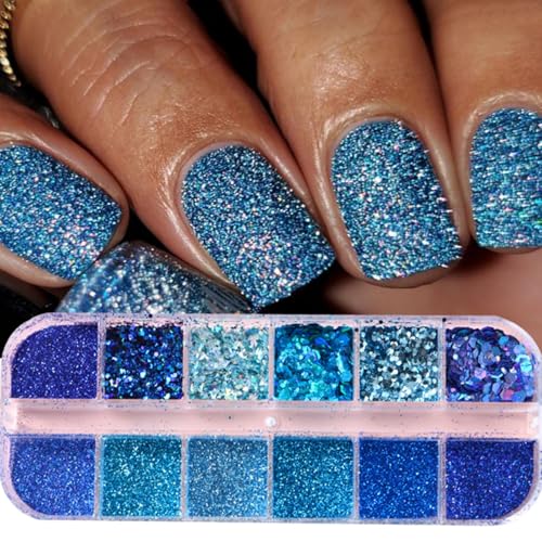 Nail Art Foil Flakes Powder 3D Holographic Nail Art Foil Glitter Sequins Blue Glitter Nails for Women Girls Acrylic Nails DIY Decorations Charms