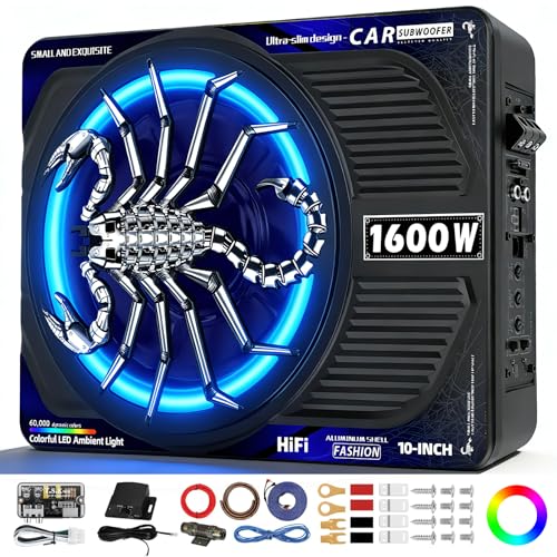 TZGBASS 1600W Slim Underseat Car Subwoofer and Amp Package, Powered Car Subwoofer with Built-in Amp,...