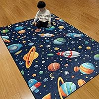 Kids Rug, Space Playmat Rugs - 6x9 Ft Kids Carpet with Rubber Backing, Colorful Cartoon Outer Space, Planet, Rocket, Spaceship Play Mat Nursery Rugs for Children Bedroom Playroom Living Room