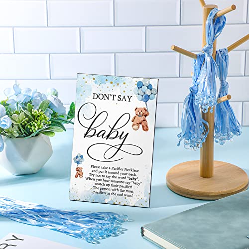 Image of Wesiti 51 Pcs Cool Baby Shower Game Wooden Sign Gift Sets 50 Baby Shower Pacifiers Necklace Acrylic Pacifier for Gender Reveal Party Favor(Bear,Blue)