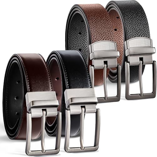 2 Pack Men's Two-in-One Fashion Dress or Casual Rotated Buckle Leather Reversible Golf Belts Gift For Men