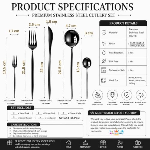 Image of Slim Handle Black 15 Pcs Stainless Steel Cutlery Set for Dining Table, Dishwasher Safe Glossy Flatware (3 Spoon Set+3 Forks Set+3 Butter Knife+3 Dessert Spoon+ 3 Fruit Fork)
