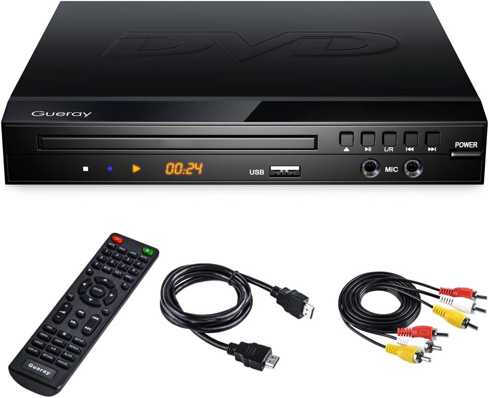 Gueray DVD Player Region Free DVD Player for TV, Upgraded CD DVD Disc Player with Remote Control, HDMI-Compatible/Full HD 1080p/AV Output/Support USB 2.0/Double MIC Port, Compact DVD Player for Home