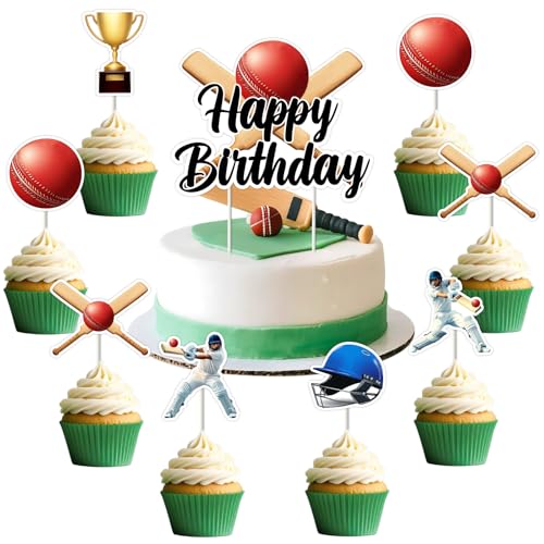 Jollyboom Lot de 25 décorations de fête d'anniversaire de cricket pour cupcakes sur le thème de la balle de sport pour garçons et filles