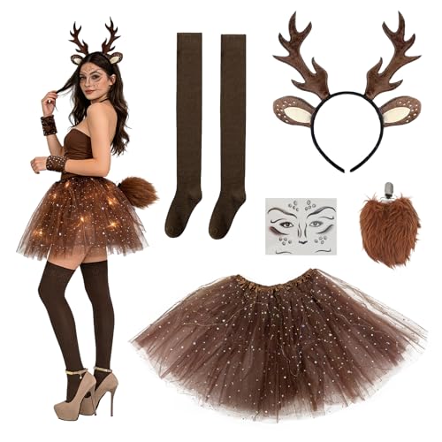 Beafaeur Lot de 5 costumes de chevreuil pour femme - Marron - Costume de carnaval - Avec jupe en tulle pour femme - Serre-tête de renne - Tatoo du visage - Bas - Queue - Pour carnaval - Costume de