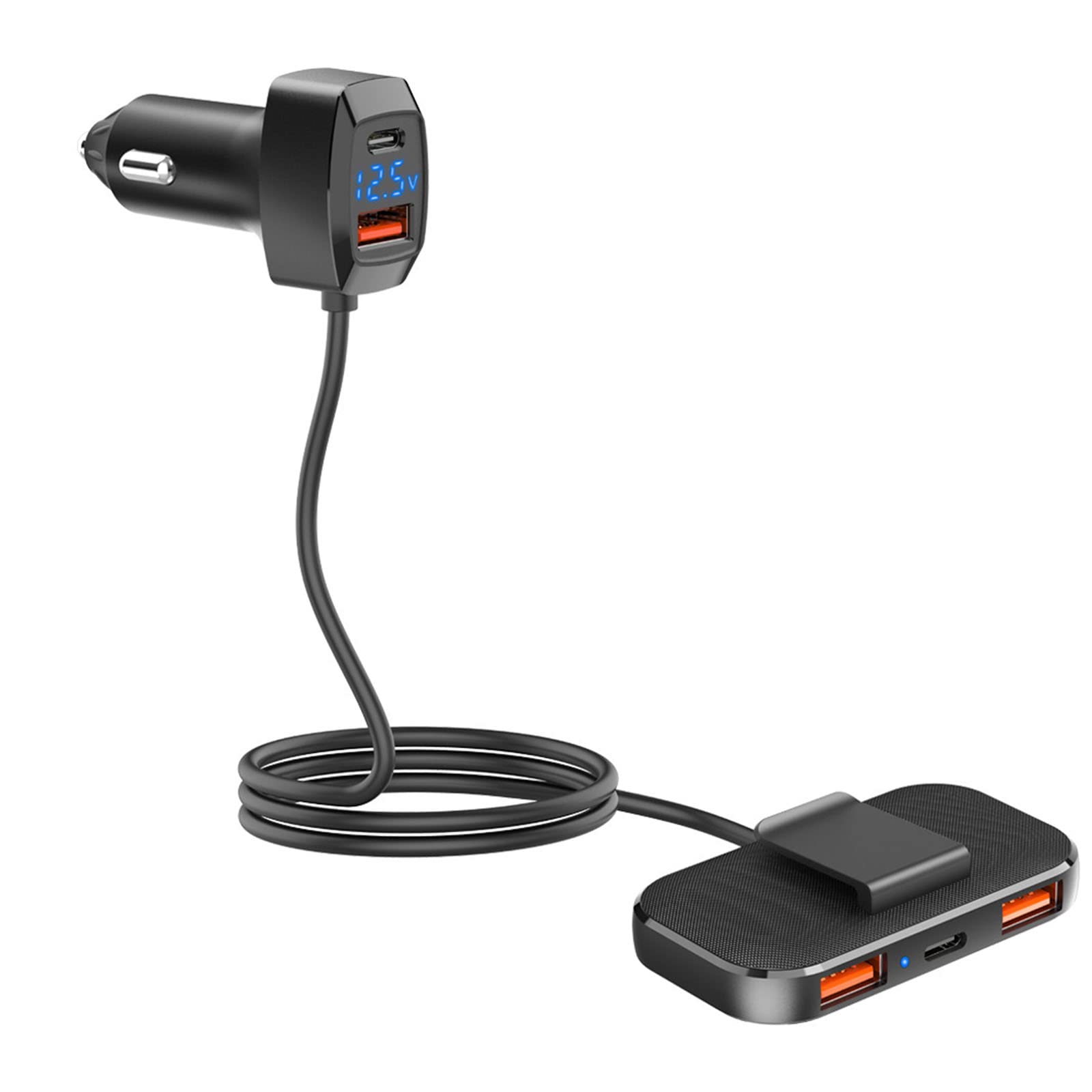 Adaptador de cargador de coche USB de 5 puertos múltiples para múltiples dispositivos, adaptador de coche con cable para carga de asiento trasero, adaptador de cargador de coche de 5 puertos