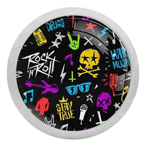 Lot de 4 boutons de placard de cuisine ronds fluorescents - Pour tiroirs de placard, commode, rock 'n'roll - Motif tête de mort - Brille dans le noir