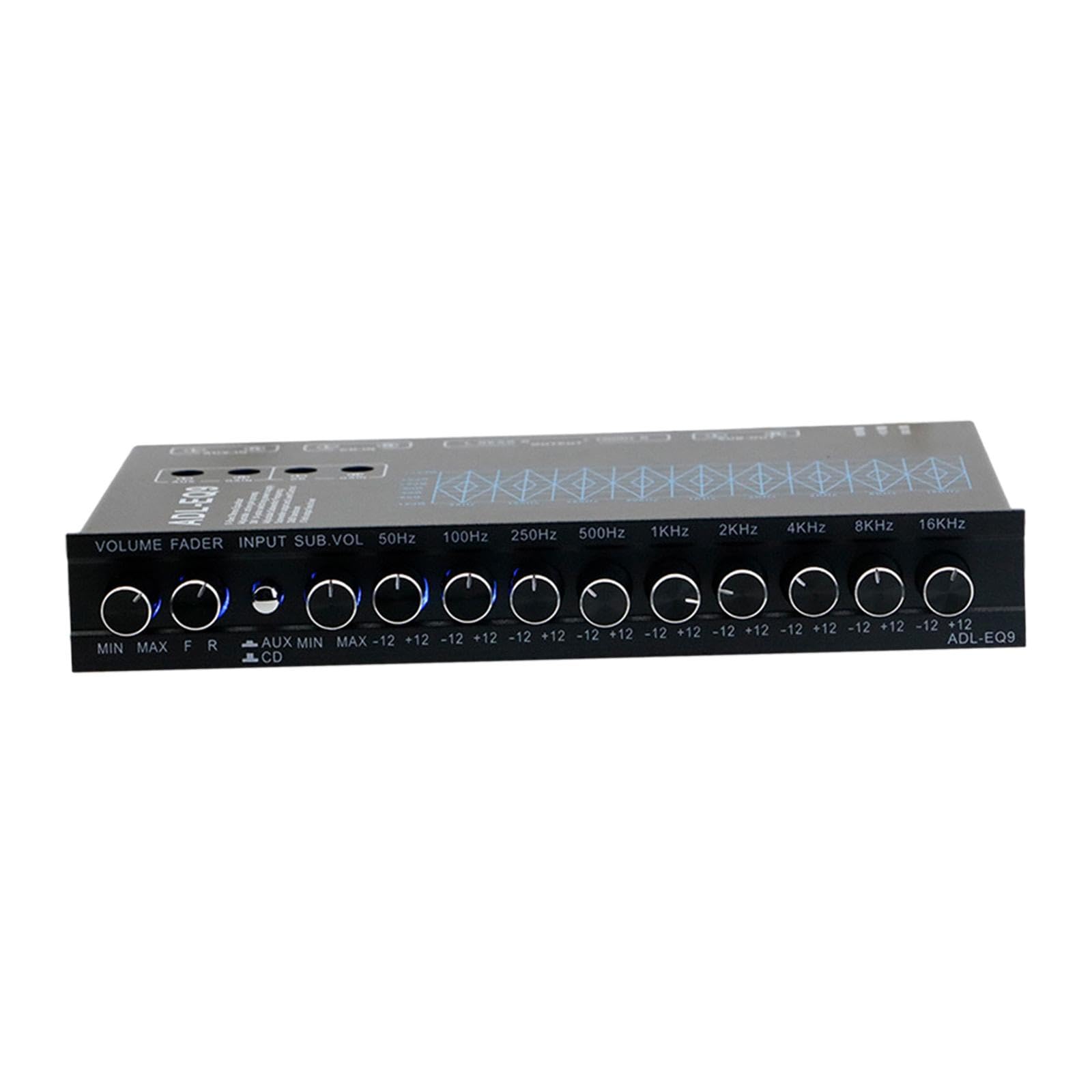 9 Band Car Audio Equalizer with DSP Chip 12V DC Front Rear Channels Subwoofer Output Metal Shell Tone Control