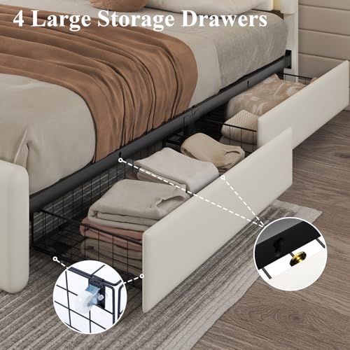 Image of Queen Size Bed Frame with 4 Storage Drawers, Upholstered Headboard, White
