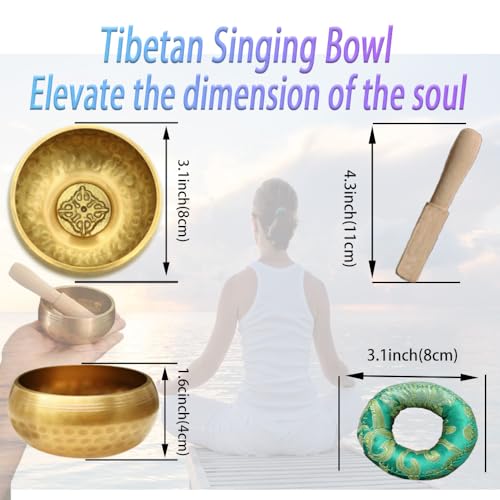 8Pcs Tibetan Buddhist Meditation Set,3.1in Singing Bowl,7.5in Brass Bell Dorje Vajra,2.5in Tingsha Cymbals Bells,Singing Scripture Implement Buddhist Supplies,Tibetan Dharma Mat and Zen Bag,HDRELEODY - Image 2