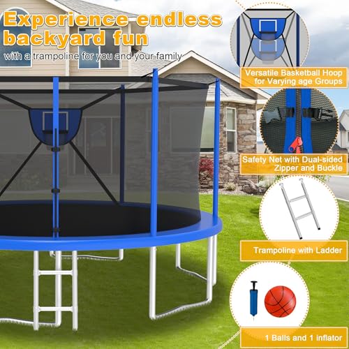 2025 Upgrade 1500LBS Outdoor Tranpoline for Kids and Adults 【Easy to Install & Built to Last】 10FT 12FT 14FT 16FT Recreational Tranpolines with Net, Basketball Hoop and Ladder, ASTM Approved