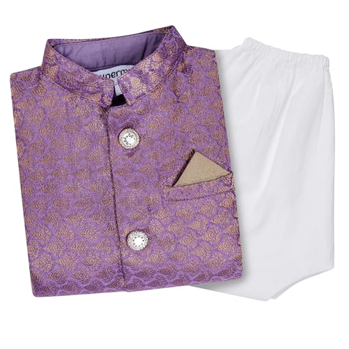 Image of Superminis Boy's Cottton Kurta Cotton Brocade Printed With Golden Thread Work Nehru Jacket and Elastic Closure Pyjama Set