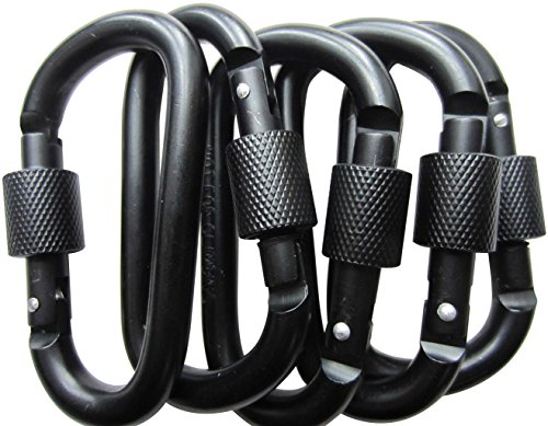 LeBeila Aluminum Carabiner Heavy Duty Climbing Hooks D Shape Buckle Pack Spring Snap Keychain Clip with Screwgate Locking-Outdoor Camping D-Ring Carabiners Hook (Black-5PCS)