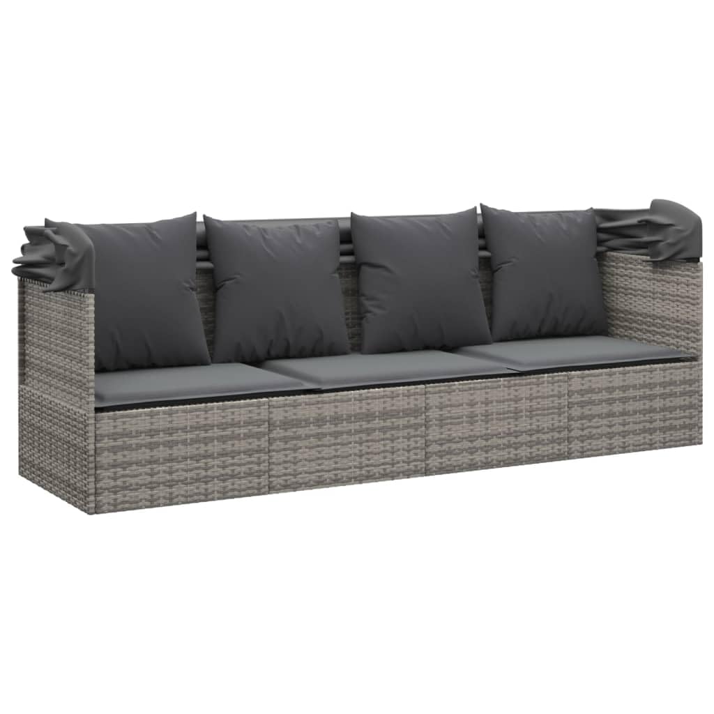 IKAYAA Gartensofa mit Liegefunktion Gartensofa mit Sonnendach Loungebett Outdoor Rattan Sofa 3 Sitzer BalkonSofa Gartenbett-Grau