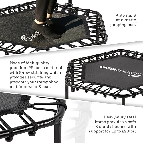Image of Upper bounce Mini Workout Trampoline Adjustable tshaped handrail - Hexagonal rebounder Trampoline Kids & Adults - Fitness Recreational Trampolines, Supports up 220lbs. (Black, 40 Inches)
