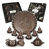 Handcraft Ideas 27-Piece Turkish Coffee, Espresso and Tea Set - Handmade Zamak Serving Set for 6 Includes Cups, Saucers, Sugar Bowl and Tray - Premium Zamak Construction - Bronze -(CS6-211)