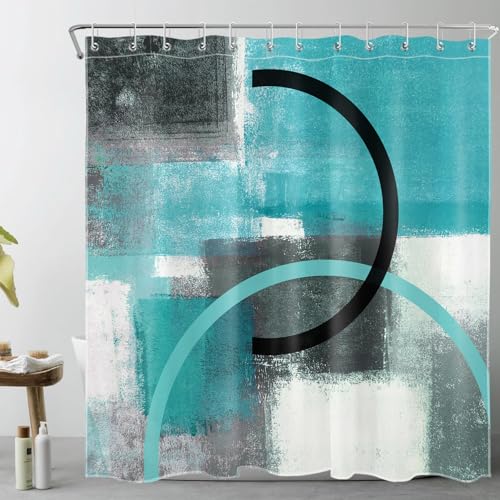 LB Teal Blue Geometric Shower Curtain for Bathroom, Grey Modern