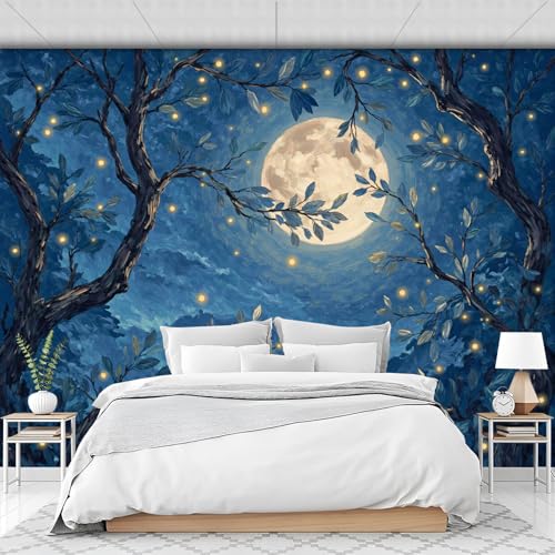 Mural 3D Luna Llena Azul 200x140 cm en Seda para Pared 3