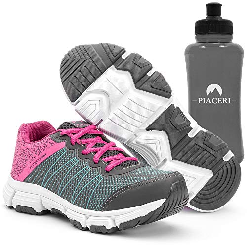 Tênis Feminino Esportivo com Cadarço Cinza e Pink e Squeeze Cor:Cinza;Tamanho:35;Gênero:Feminino