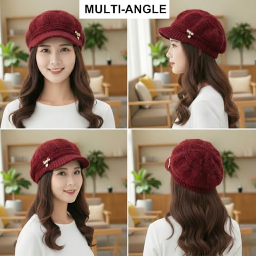 Image of Kraptick Women's Winter Knit Visor Beanie Hat with Soft Fleece Lining, Stylish Woollen Slouchy Warm Cap for Ladies, Snow Sun Shield Knit Cap for Winter -2