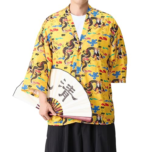 PRIJOUHE Kimono For Men Japanese Style Kimono Robe Jacket Lightweight Open Front Cardigan Seven Sleeve Yukata Coat4