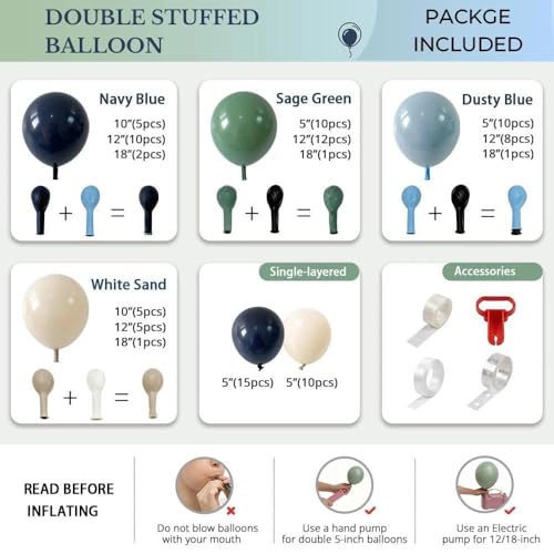 Double Stuffed Navy Blue & Sage Green Balloon Garland Arch Kit, Multi-size Matte Dusty Blue Sand Latex Balloons for Baby Shower,Gentleman Party,Birthday,Fathers Day,Graduation,Coastal Wedding — view 4