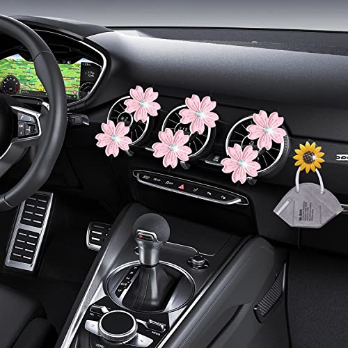 Image of Cute Daisy Air Vent Clips, 6 Pcs Flower Car Air Fresheners Vent Clips Car Diffuser Vent Clip Charm Car Decoration for Women Cute Car Interior Decor Flower Car Accessories + Sunflower Mask Hook (Pink)