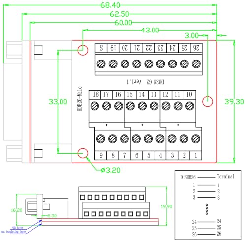 Adaptador DB26 macho para montaje PCB con mat aislante miniatura 2