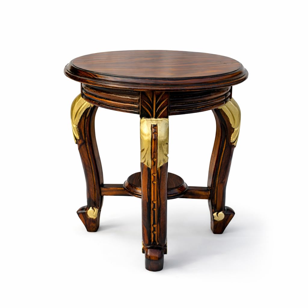 Vintage Carved Wooden Stool Cum Side Table | Round 2-Tier Design, | with Gold Accents, Brown Finish |Multipurpose Table for Living Room, Bedroom, Tea/Coffee, Bedside & Plant Stand-image-37