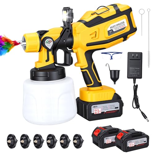 ZOOTEALY Cordless Paint Sprayer with 2 X 4.0Ah 21V Batteries: Electric Paint Gun with High-Power Copper Motor - 6 Brass Nozzles & 3 Spray Modes - 1400ml Container for Furniture Cabinets House Painting