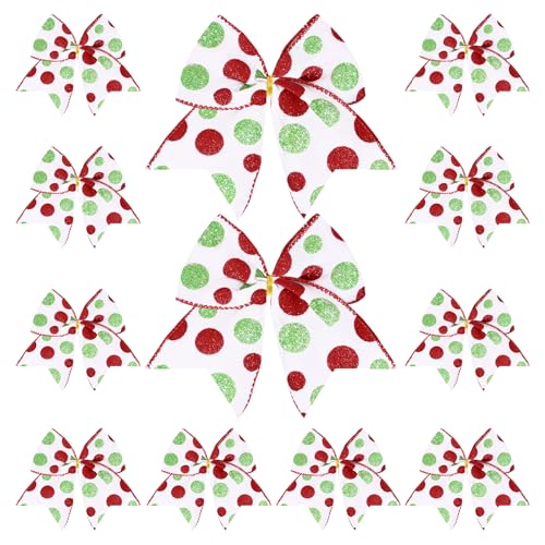 Jueerun 12 Pcs Christmas Bows Decoration Christmas Wreaths Bows Xmas Elf Tree Red Green Dot Bows Ribbons Ornaments for Garland Wedding Party Outdoor Indoor