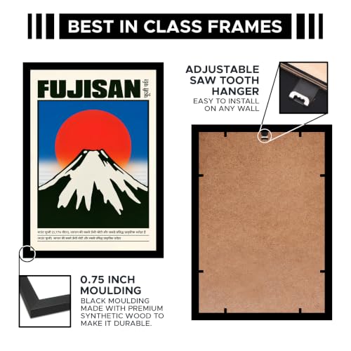 Image of Mount Fuji Japan Premium Framed Wall Poster (12x18 Inch) | Japanese Mountain & Rising Sun Travel Wall Art | Vintage Japan Landscape Decor for Bedroom, Living Room, Office & Workspace | Ready-to-Hang Display Frame