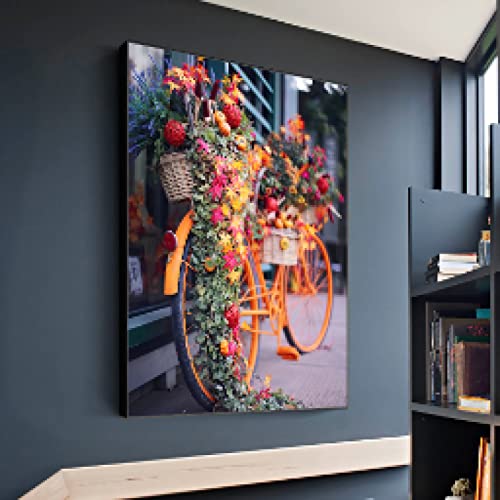 Peinture toile vélo abstrait orange fleurs pour habiller un grand mur vide salon affiche 80x100