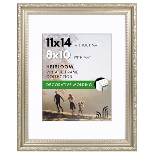 Americanflat 11x14 Picture Frame with Shatter-Resistant Glass - Use as 8x10 Frame with Mat or Display 11x14 Photo Without Mat - Ornate Picture Frames for Wall Display - Silver