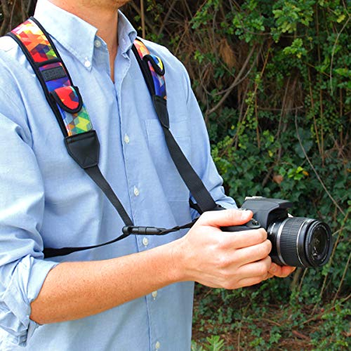 Image of USA Gear DSLR Camera Strap Chest Harness with Quick Release Buckles, Geometric Neoprene Pattern and Accessory Pockets - Compatible with Canon, Nikon, Sony Point and Shoot and Mirrorless Cameras