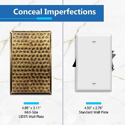 Image of LIDER Blank Metal Wall Plate, Blank Outlet Cover, Corrosion Resistant, Mid-Size 1-Gang 4.88 inch x 3.11 inch, LMWP-01M-HAB, Steel, Hammered Antique Brass, 1-Pack