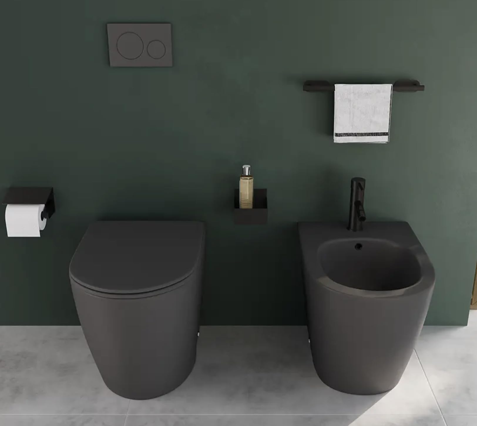 Coppia di sanitari filomuro ceramica grigio opaco vaso rimless copriwc soft-close e bidet ASIA SMALL